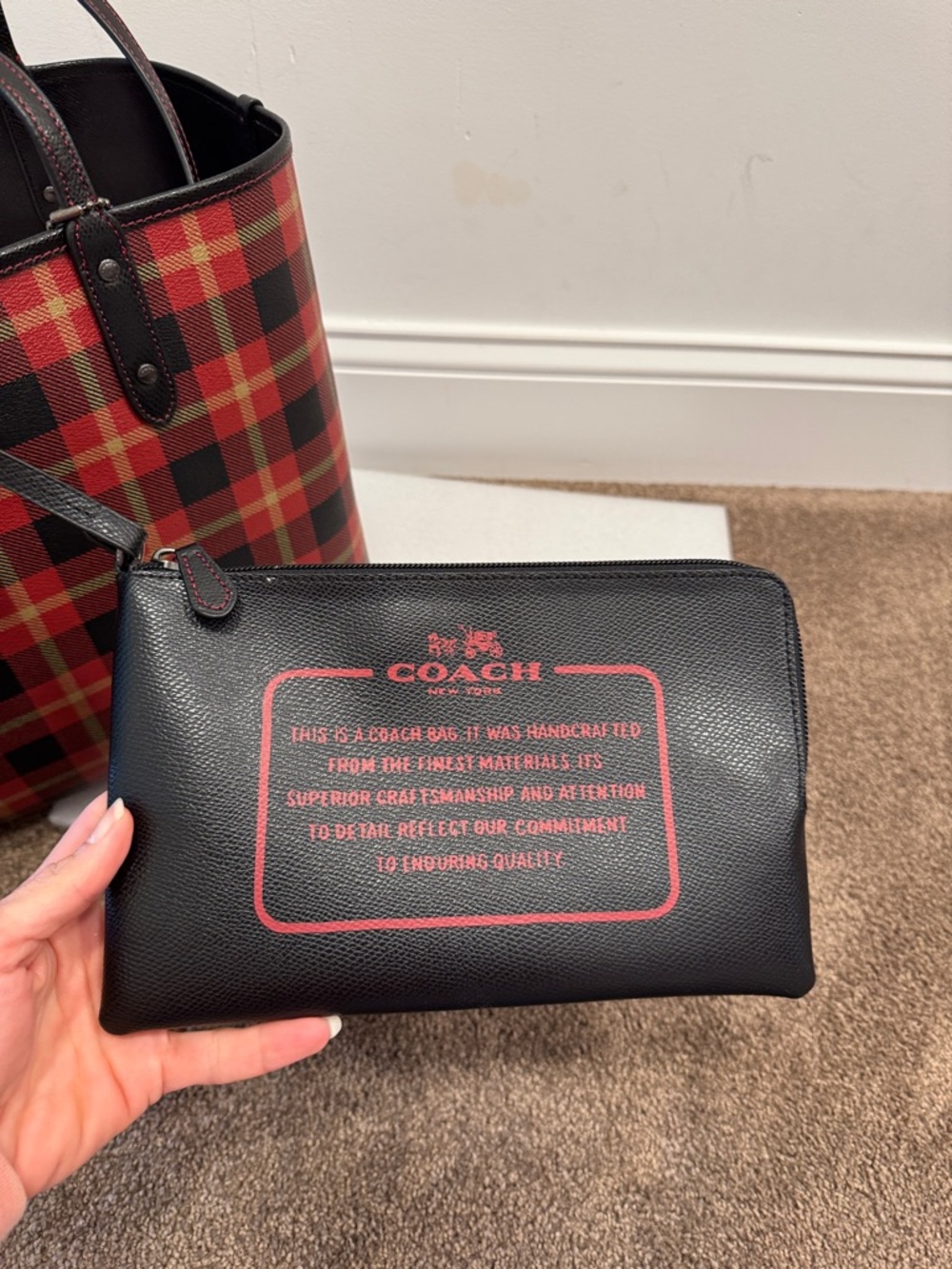 Coach Red and Black Plaid reversible city tote bag storybook pouch wristlet - Picture 5 of 15